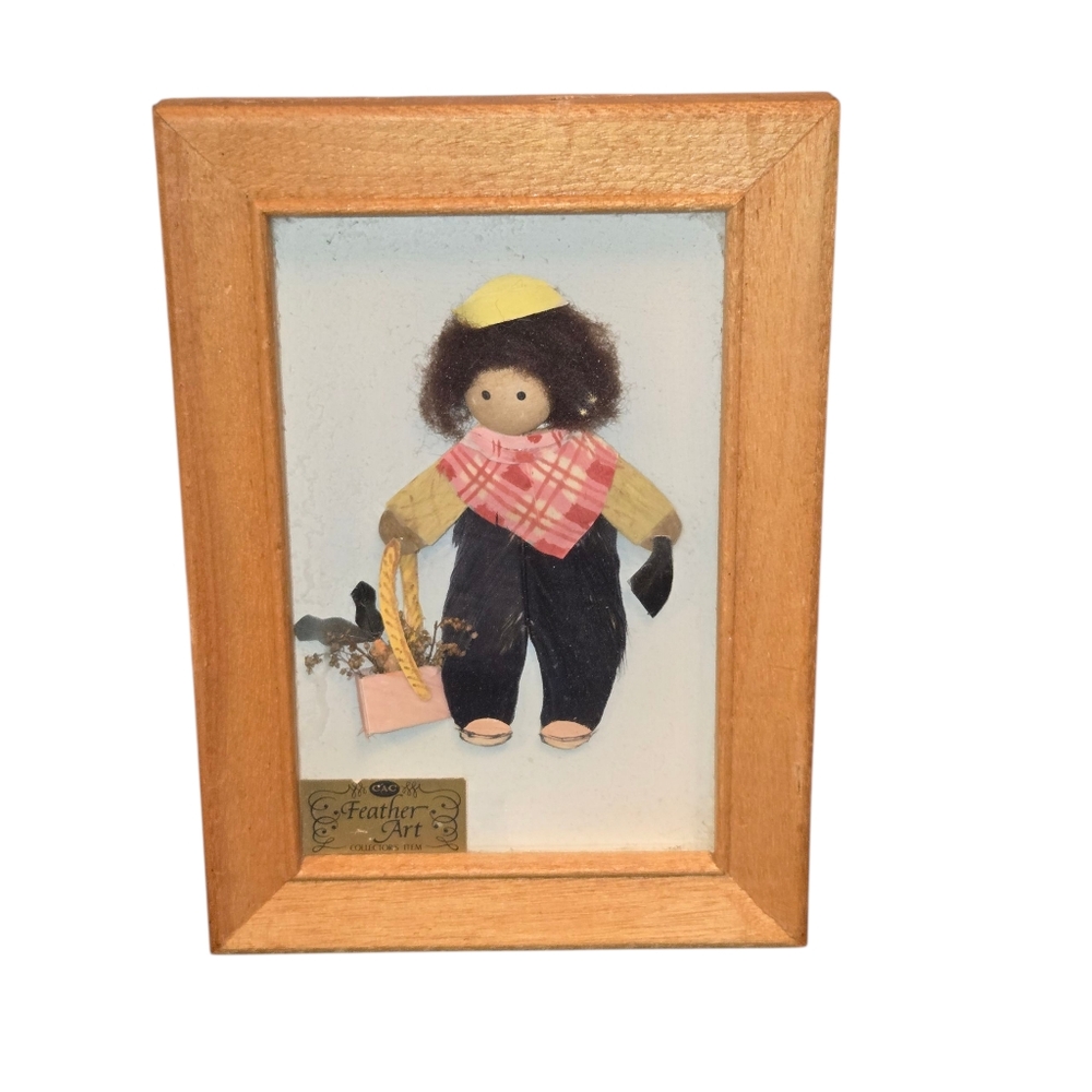 CAC Feather Art Wood Framed Mixed‎ Media Flower Gathering Farm Boy 7.5"X5"X0.75"